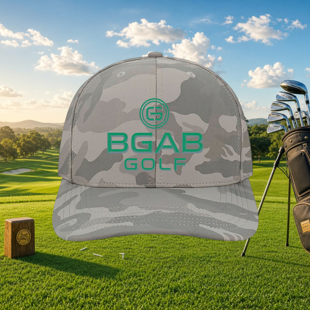 Better Grab A Beer grey camo golf cap with green BGAB GOLF logo on a sunny golf course background