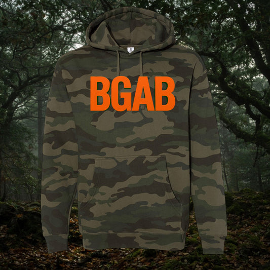 Better Grab A Beer camo hoodie with orange BGAB logo, featuring a fleece-lined hood and front kangaroo pocket.
