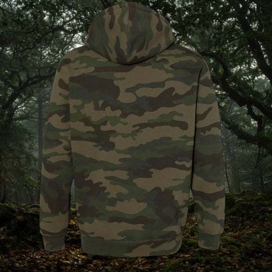 Back view of a Better Grab A Beer camo print fleece-lined hoodie with a generous fit and ribbed cuffs.