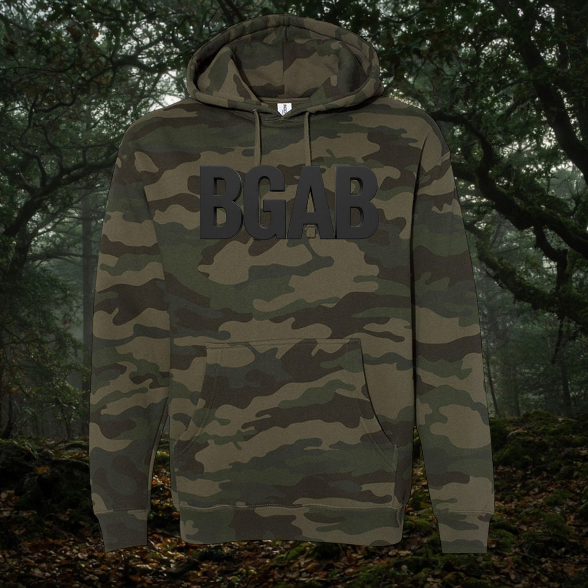 Better Grab A Beer camo print hoodie with black BGAB lettering, featuring a fleece-lined hood and front pouch pocket.