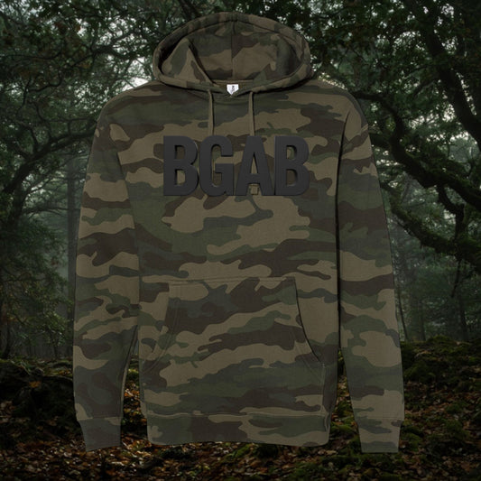 Better Grab A Beer camo print hoodie with black BGAB lettering, featuring a fleece-lined hood and front pouch pocket.