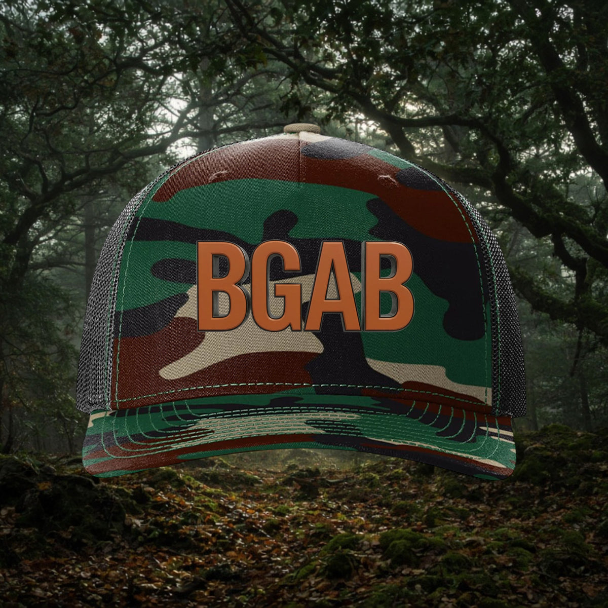Better Grab A Beer five-panel trucker cap in green camo print with a brown BGAB logo on the front and mesh back