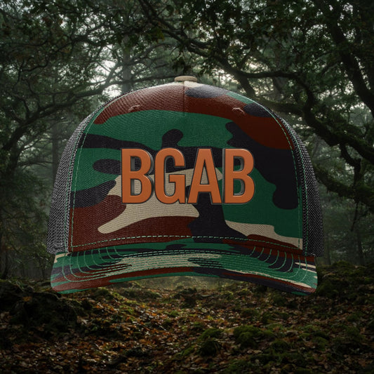 Better Grab A Beer five-panel trucker cap in green camo print with a brown BGAB logo on the front and mesh back