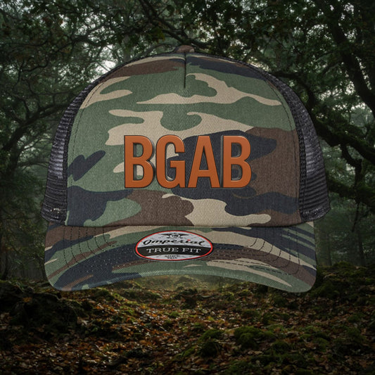 Better Grab A Beer Predator camo trucker hat with orange BGAB lettering, mesh back, and pre-curved visor.