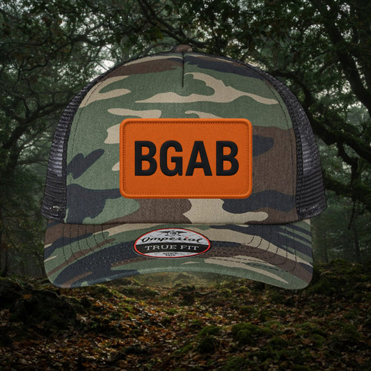 Better Grab A Beer camo trucker hat with orange patch and black BGAB logo, featuring mesh back and structured fit.