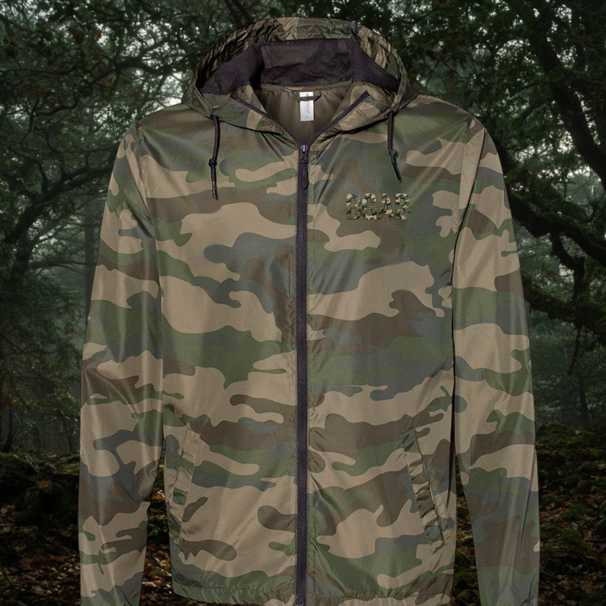 Better Grab A Beer lightweight camo windbreaker jacket with scuba neck, hood, and front zipper closure