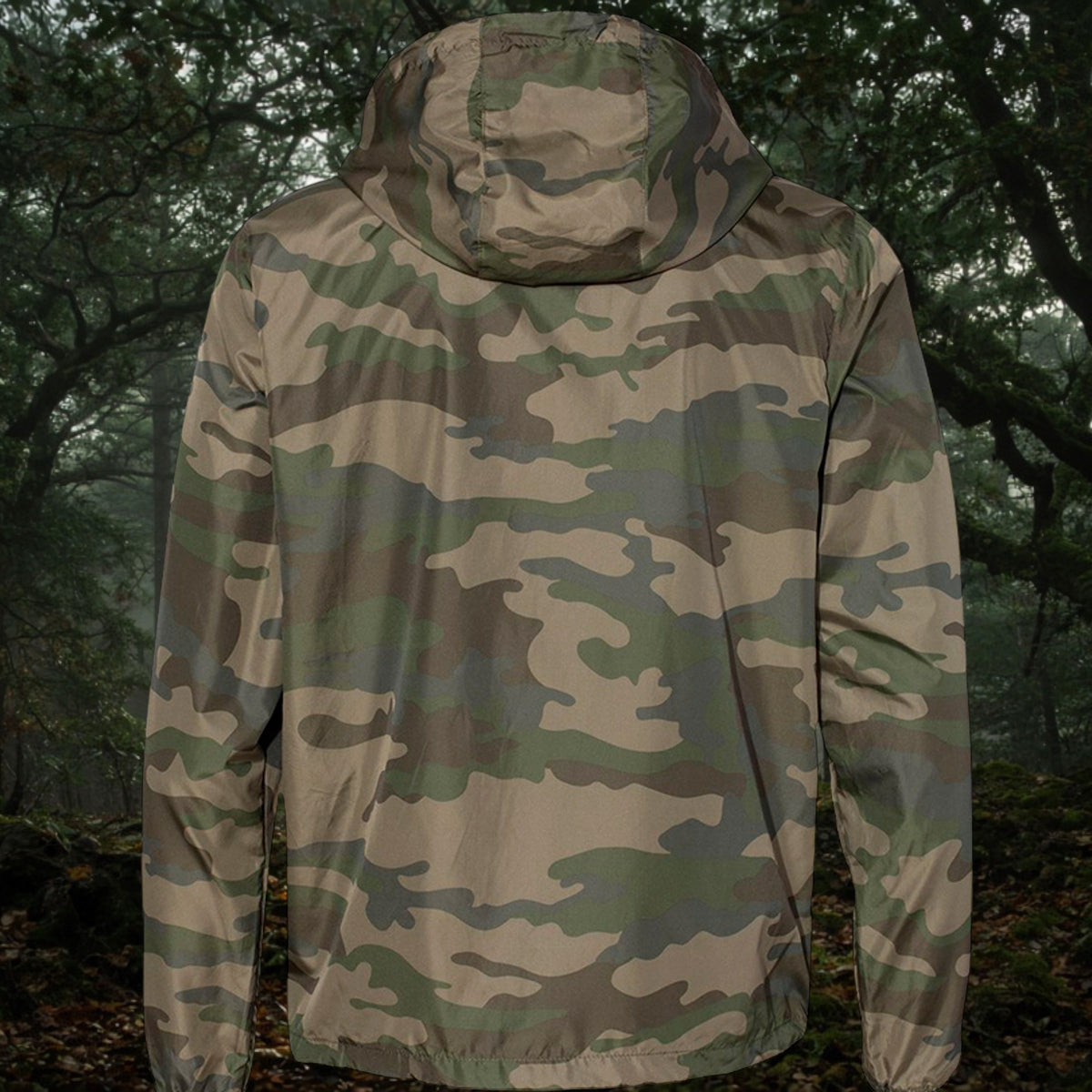 Better Grab A Beer camo print lightweight water-resistant windbreaker jacket with a hood, back view