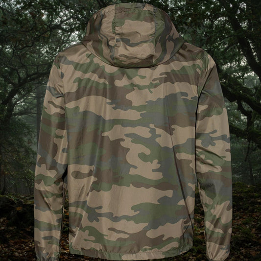 Better Grab A Beer camo print lightweight water-resistant windbreaker jacket with a hood, back view