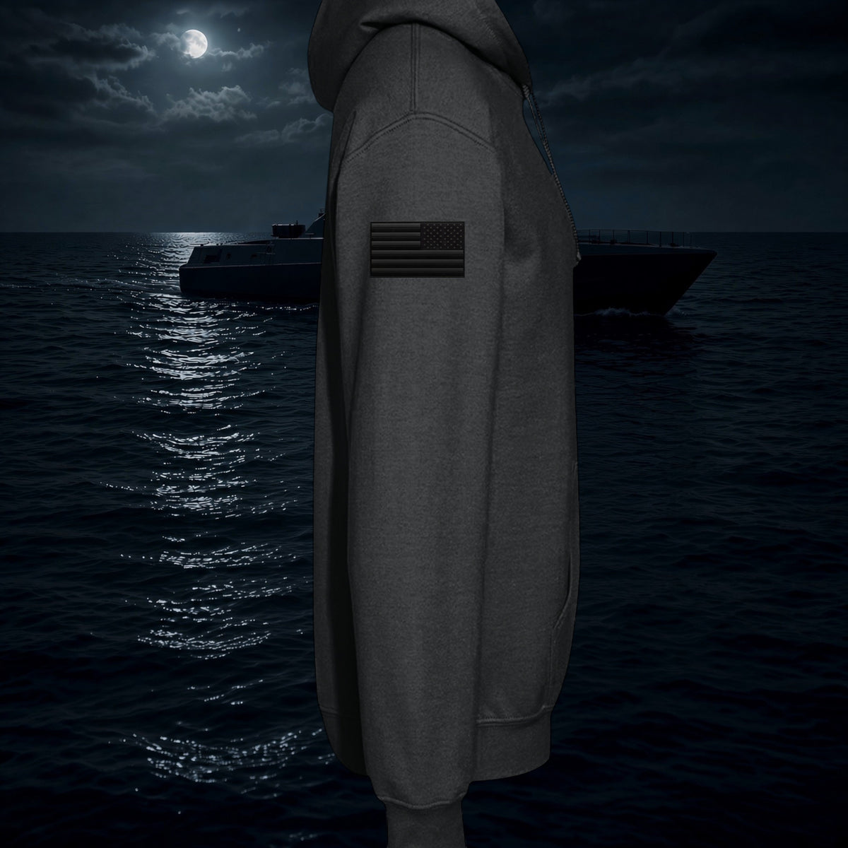 Better Grab A Beer Blackwater hoodie in charcoal grey with a black American flag patch on the sleeve