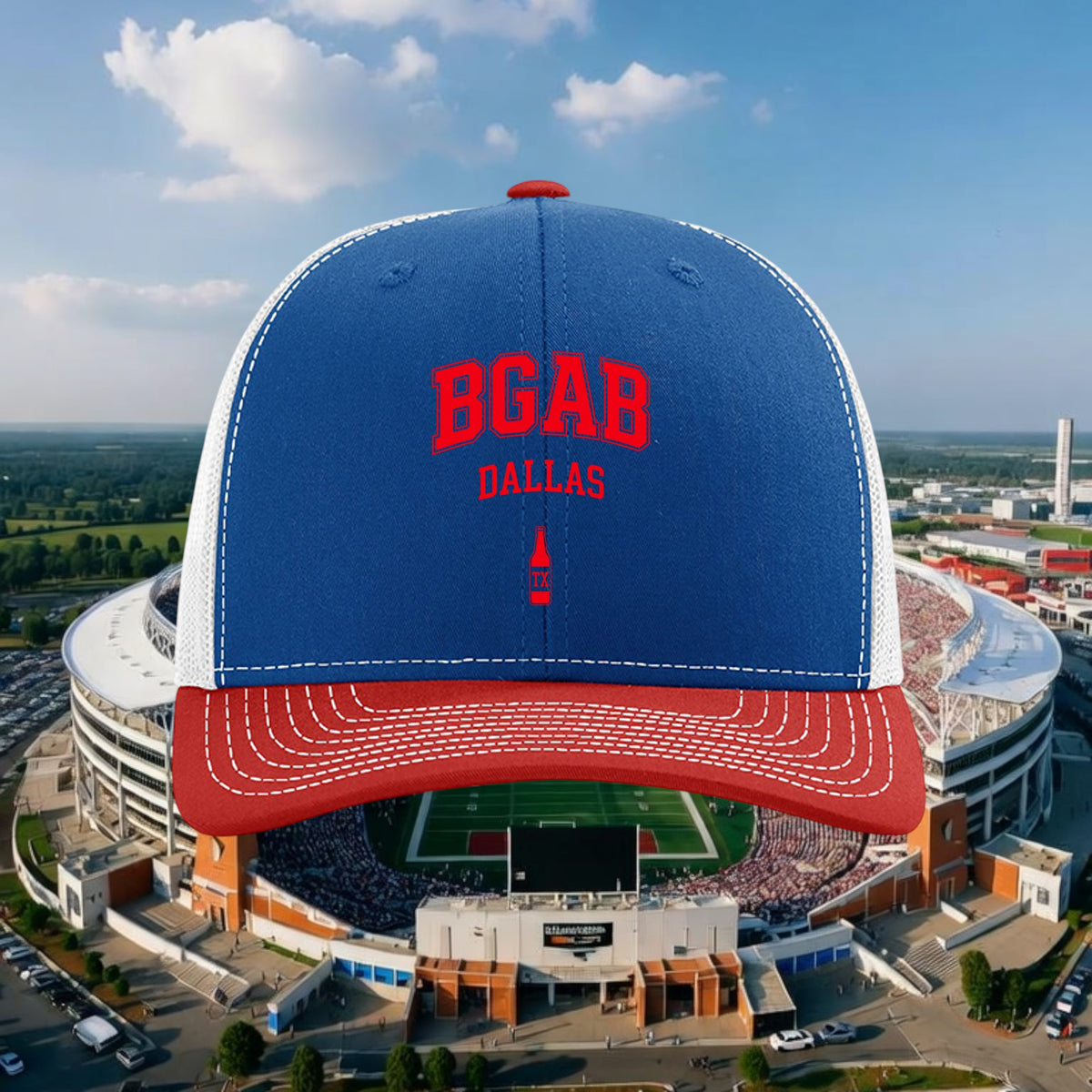 Better Grab A Beer blue and red Richardson 112 trucker cap with Dallas bottle cap logo and white mesh back
