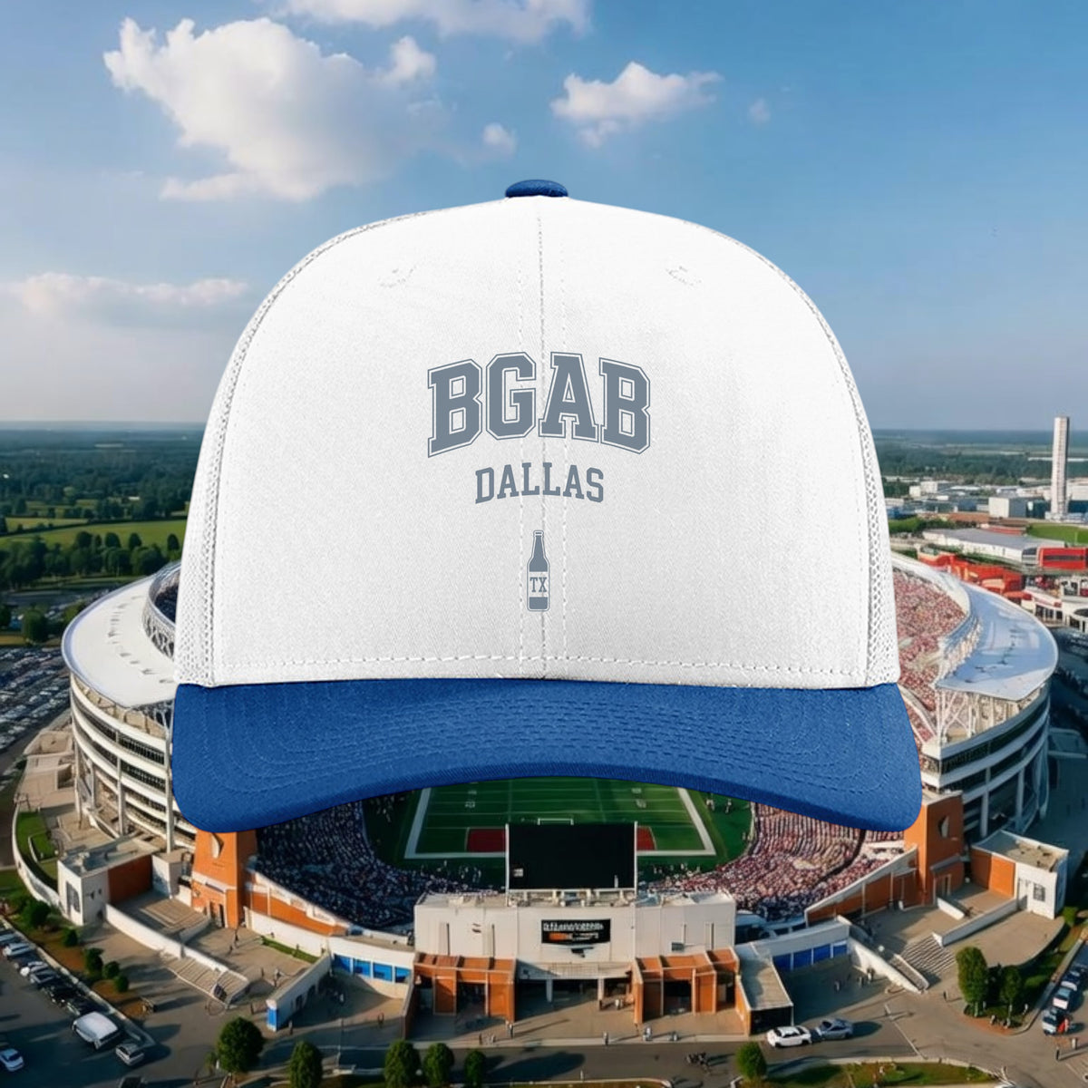 Better Grab A Beer white and blue trucker hat with BGAB Dallas logo and bottle graphic, six-panel snapback design.