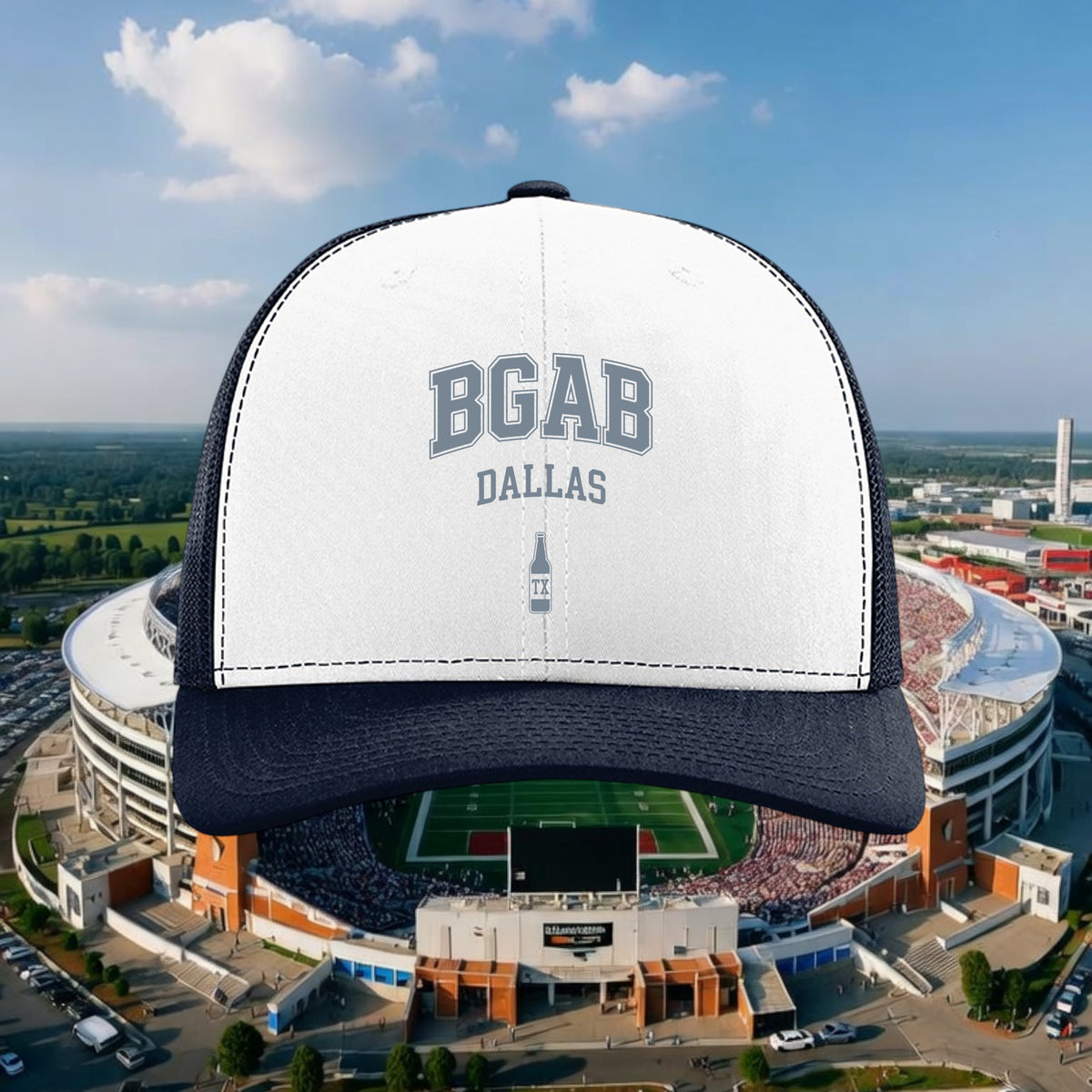 Better Grab A Beer Dallas trucker hat with white front panel, navy mesh back, and pre-curved visor against stadium