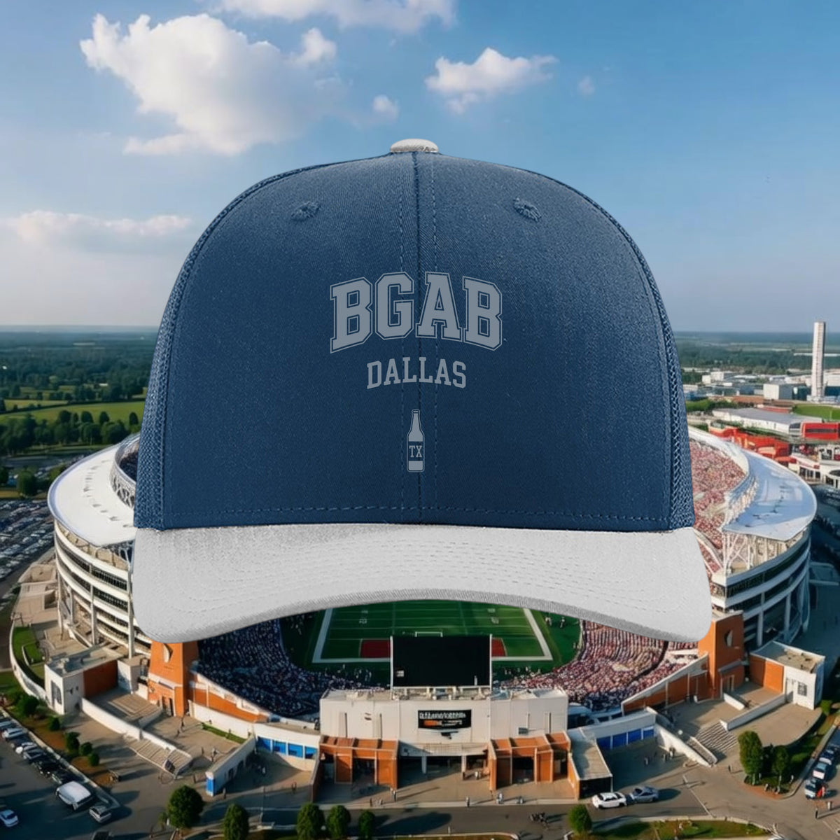Better Grab A Beer Dallas bottle trucker hat in navy blue with a white visor and mesh back against a stadium backdrop