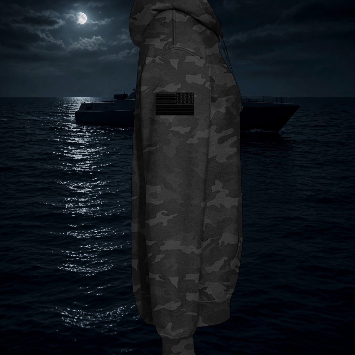 Better Grab A Beer Darkwater camo hoodie with fleece-lined hood and American flag patch on sleeve against night sea