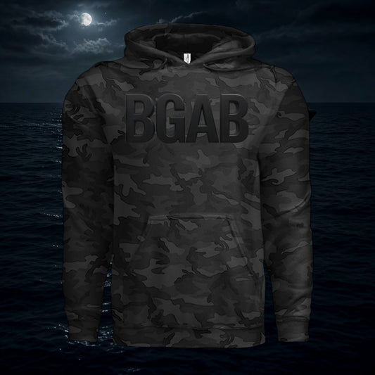Better Grab A Beer darkwater camo hoodie with black BGAB logo, fleece-lined hood, and ribbed cuffs.