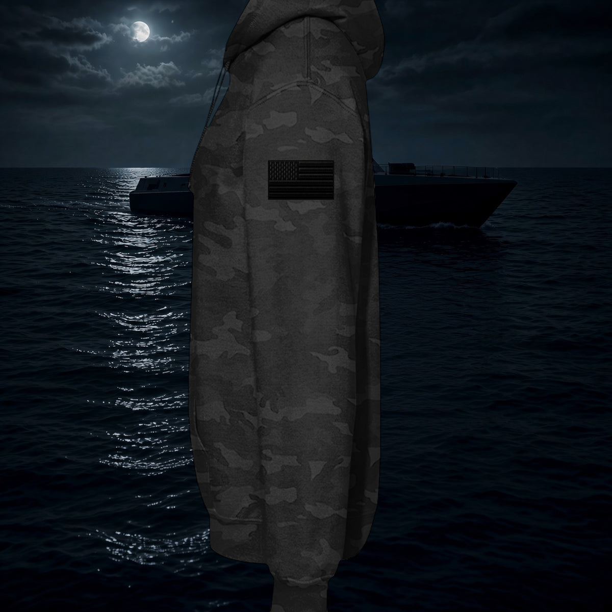 Better Grab A Beer darkwater camo hoodie with a black American flag patch on the sleeve, side view