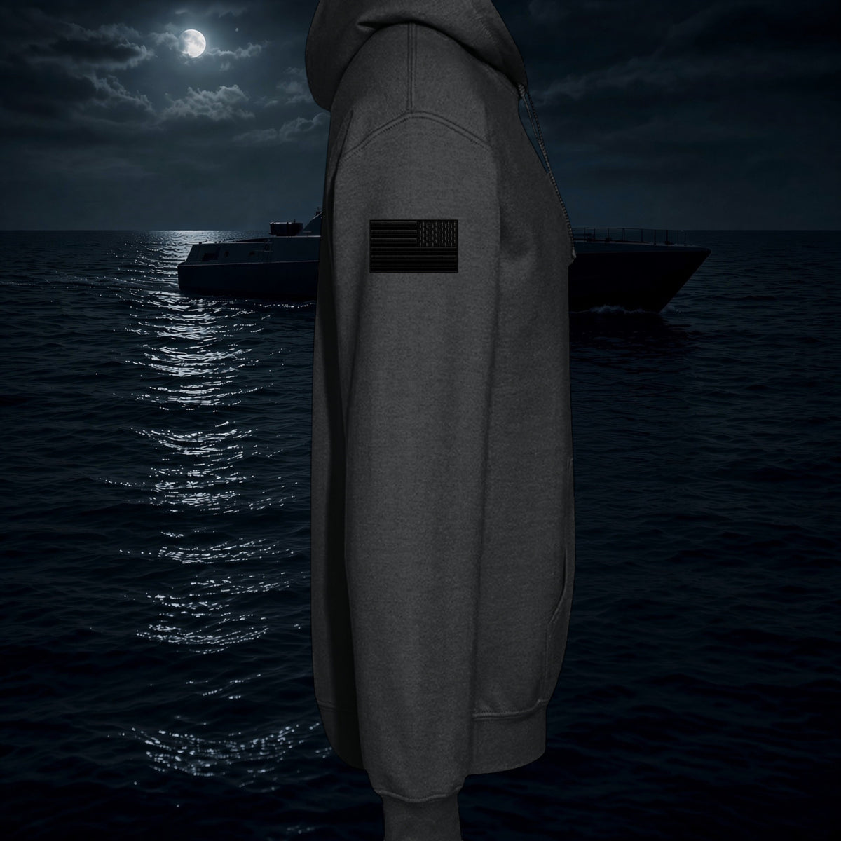 Better Grab A Beer Darkwater Hoodie II in black with a tactical bottle flag patch on the sleeve