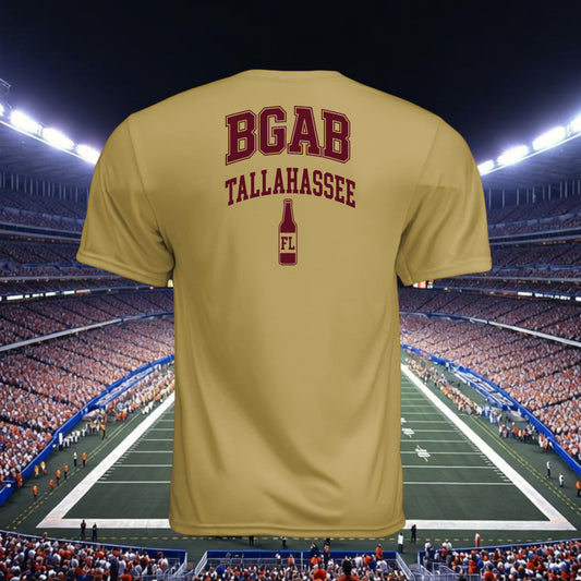 Better Grab A Beer gold moisture-wicking performance t-shirt with maroon Tallahassee graphic on back