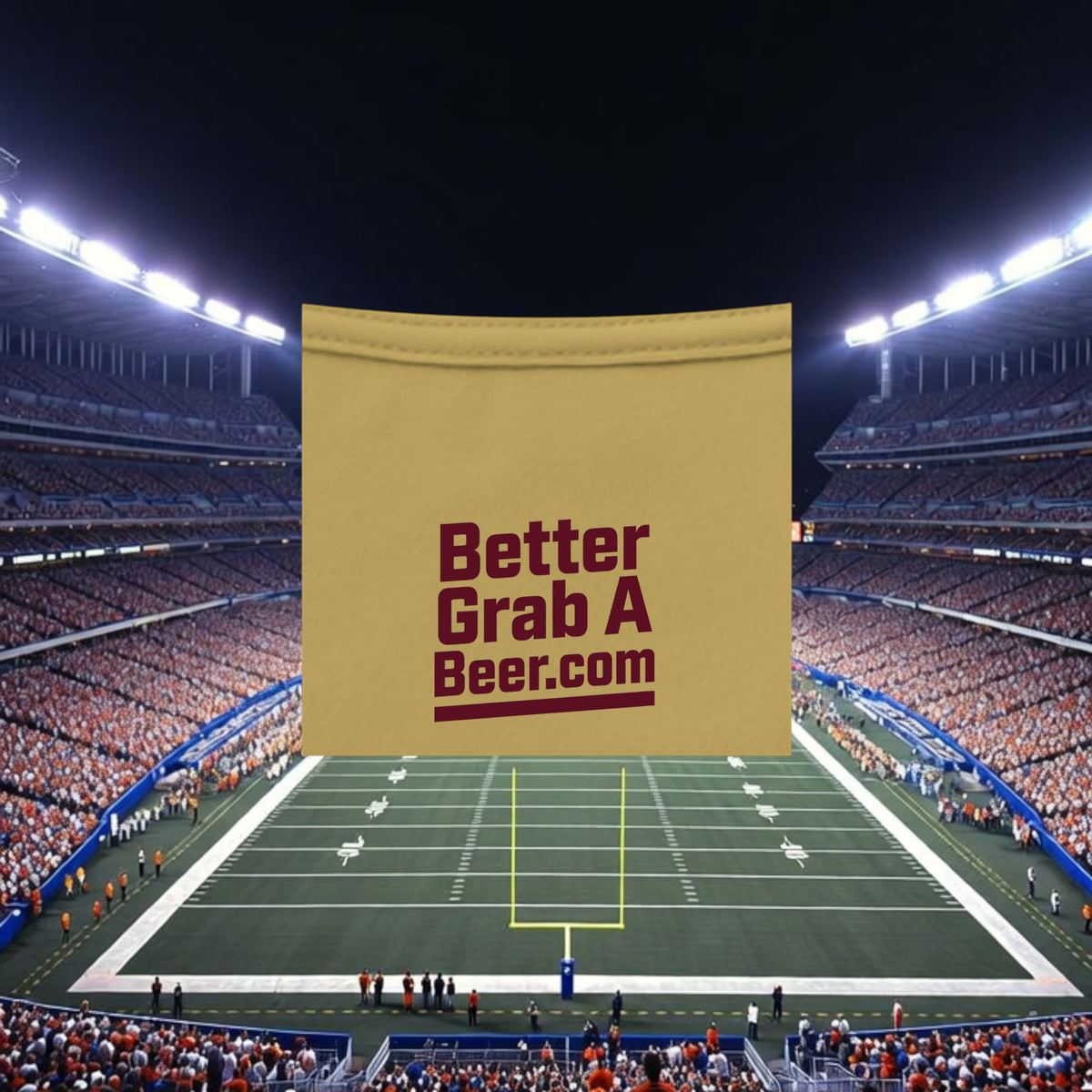 Better Grab A Beer gold performance crew neck t-shirt with maroon logo against a stadium background