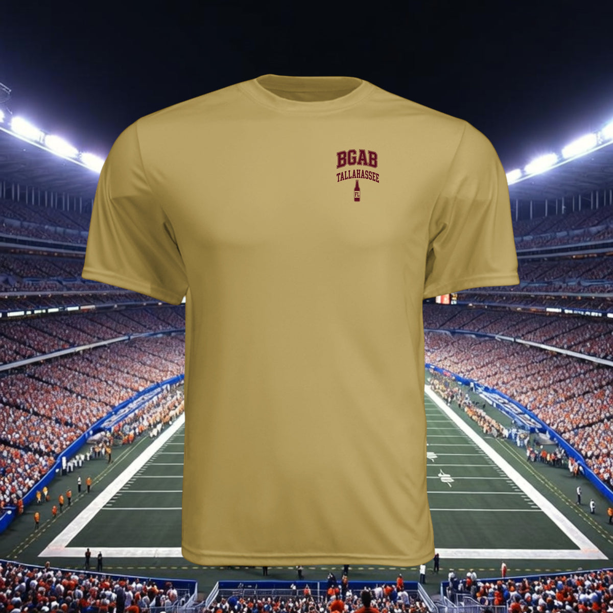 Better Grab A Beer gold moisture-wicking performance crew neck t-shirt with Tallahassee logo on a stadium background
