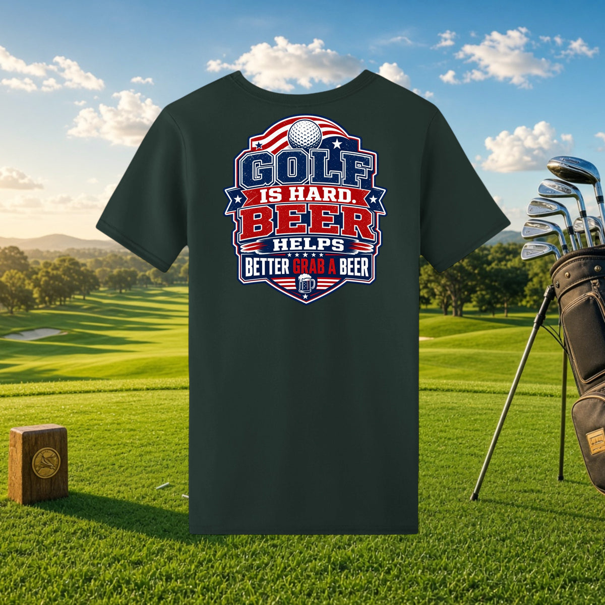 Better Grab A Beer dark green performance t-shirt with Golf Is Hard Beer Helps graphic on a golf course background.