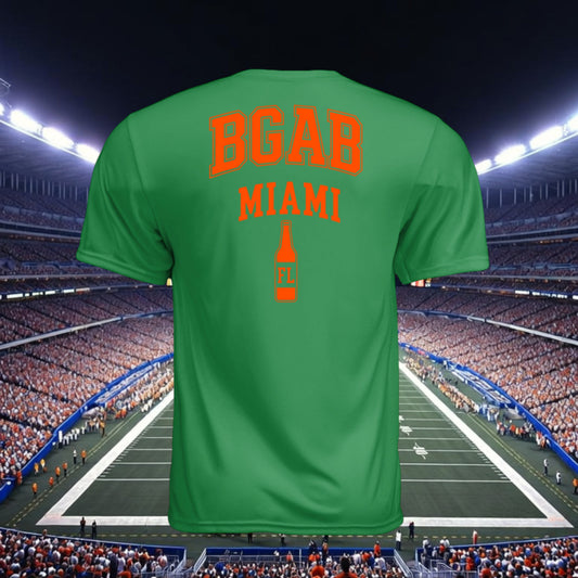Better Grab A Beer green moisture-wicking performance t-shirt with orange Miami graphic on back in a stadium setting