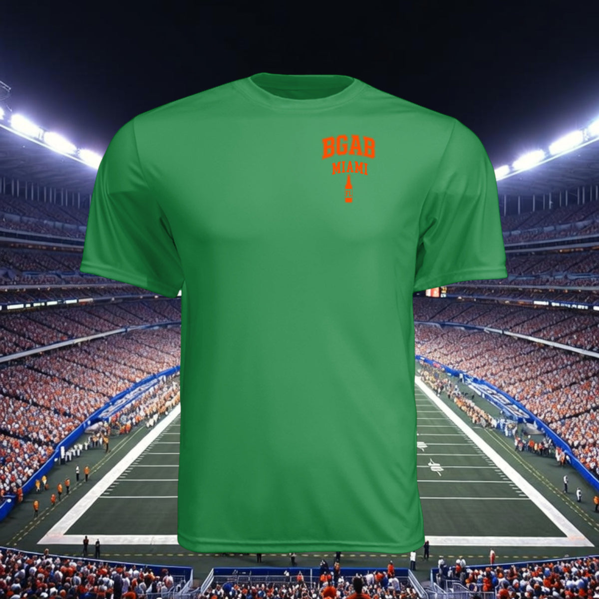 Better Grab A Beer green moisture-wicking performance crew neck t-shirt with orange Miami logo against stadium background