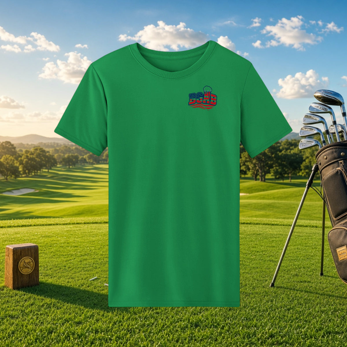 Better Grab A Beer green performance t-shirt with BGAB logo on a golf course background