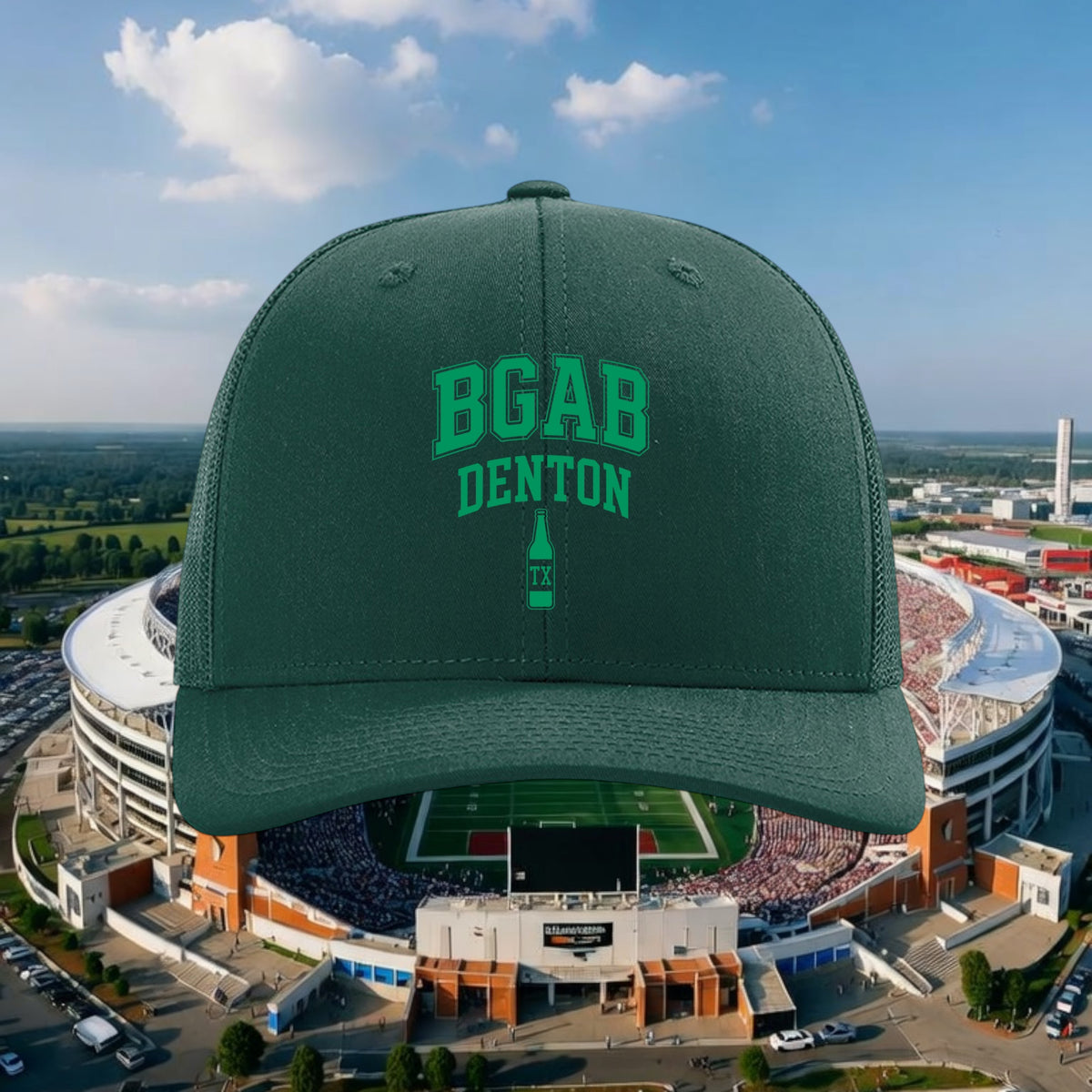 Better Grab A Beer dark green structured six-panel trucker hat with BGAB Denton logo and adjustable snapback closure.