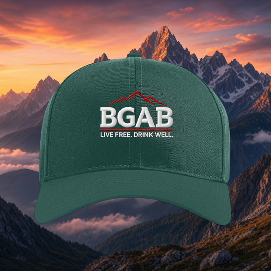 Better Grab A Beer dark green structured six-panel twill snapback cap with white BGAB logo and mountain graphic