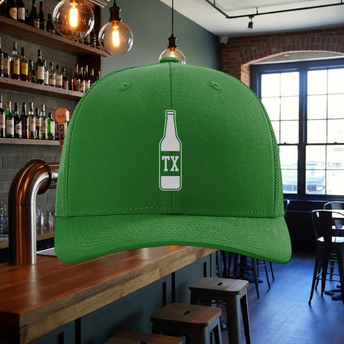 Better Grab A Beer green TX Bottle trucker hat with a structured six-panel design and adjustable snapback closure.