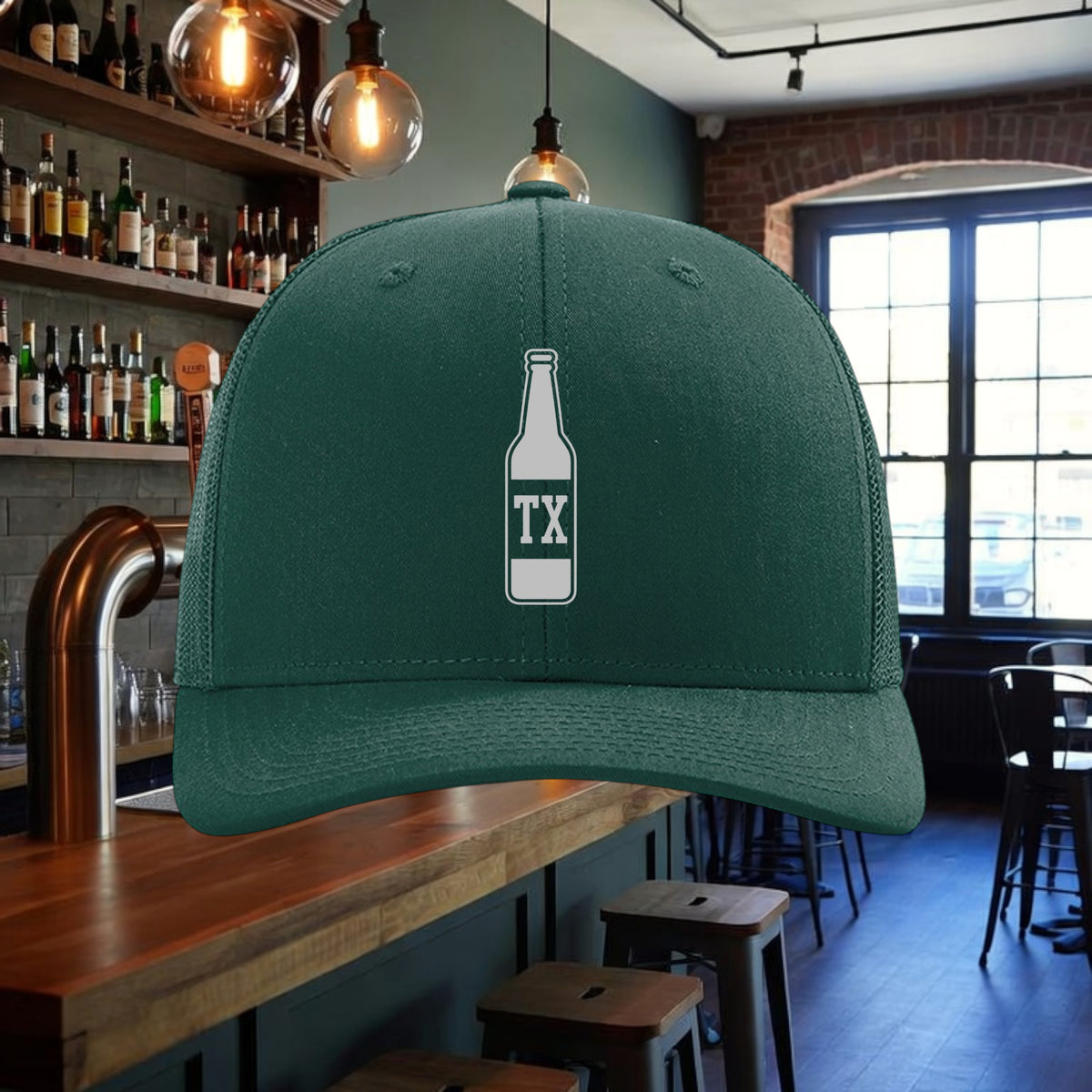 Better Grab A Beer dark green TX Bottle trucker hat with a structured six-panel design and adjustable snapback.