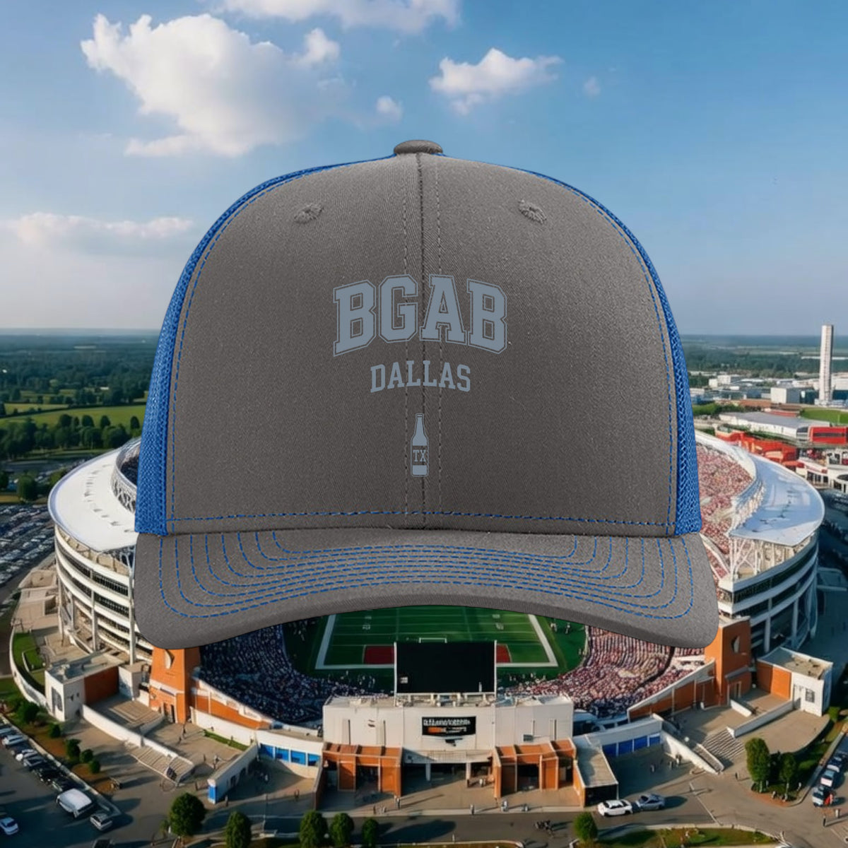 Better Grab A Beer grey and blue trucker hat with BGAB Dallas logo and bottle graphic, featuring a mesh back.
