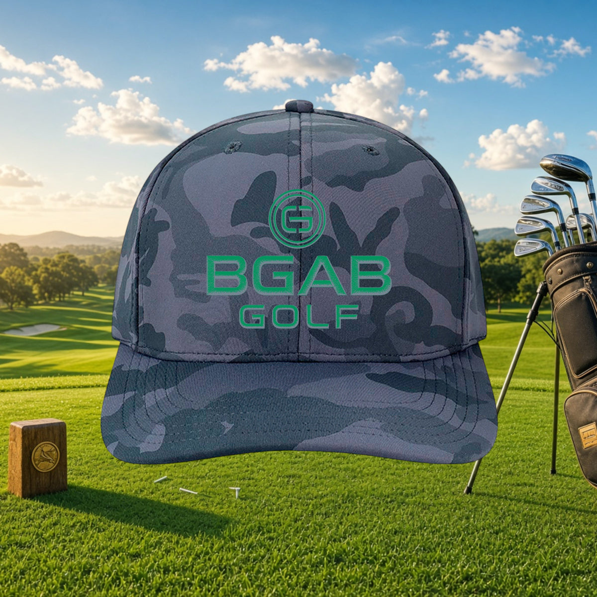 Better Grab A Beer grey camo golf cap with green BGAB GOLF logo, structured six-panel design on a sunny golf course.