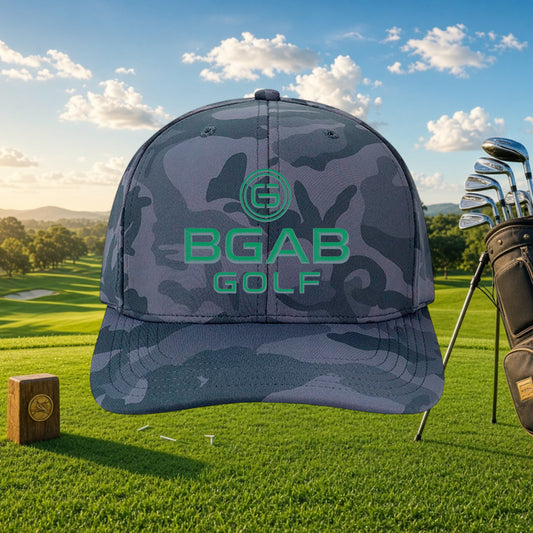 Better Grab A Beer grey camo golf cap with green BGAB GOLF logo, structured six-panel design on a sunny golf course.