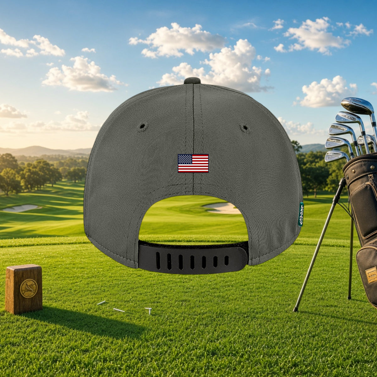 Better Grab A Beer grey six-panel golf cap with US flag patch and rubber strap closure on a sunny golf course
