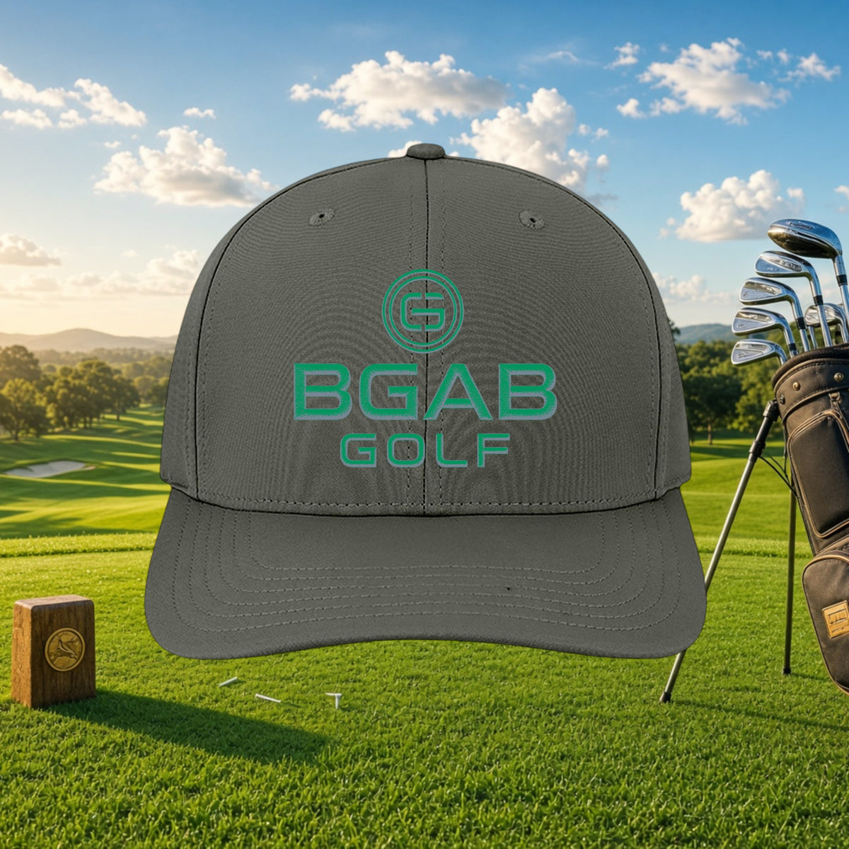 Better Grab A Beer grey structured six-panel golf cap with green BGAB GOLF embroidery on a sunny golf course background
