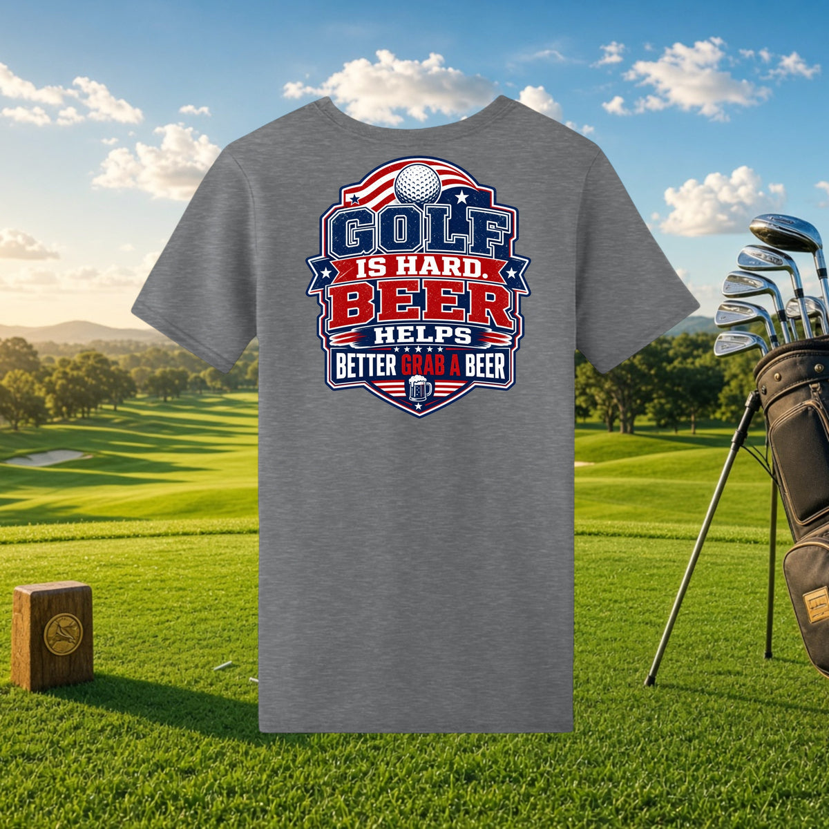 Better Grab A Beer grey performance t-shirt with Golf Is Hard Beer Helps graphic on a golf course background