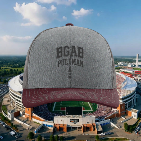 Better Grab A Beer grey and maroon six-panel trucker hat with BGAB Pullman logo and adjustable snapback closure.