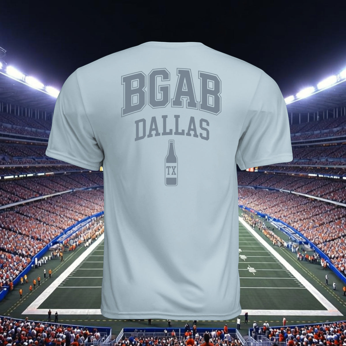 Better Grab A Beer light grey performance crew neck t-shirt with BGAB Dallas beer bottle graphic on back