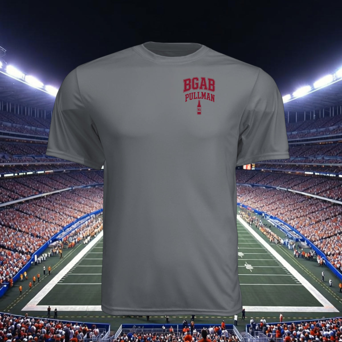 Better Grab A Beer grey moisture-wicking performance t-shirt with red BGAB Pullman logo against a stadium background.