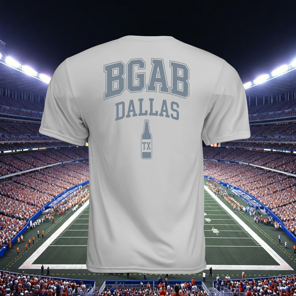 Better Grab A Beer grey performance crew neck t-shirt with BGAB Dallas logo, back view at a football stadium.