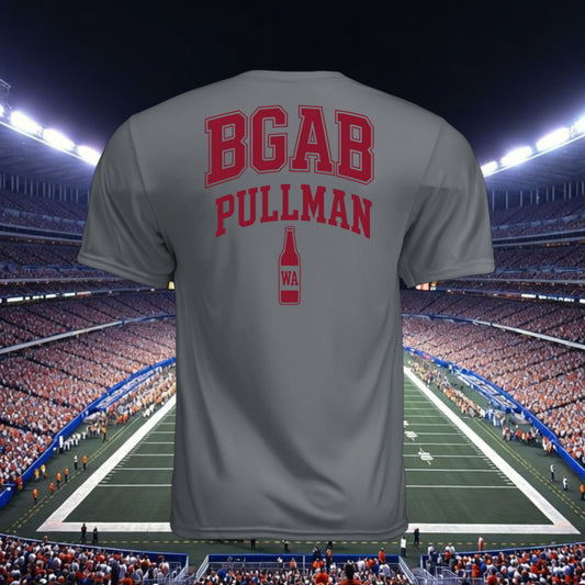 Better Grab A Beer grey moisture-wicking performance t-shirt with red BGAB Pullman logo on back, stadium background