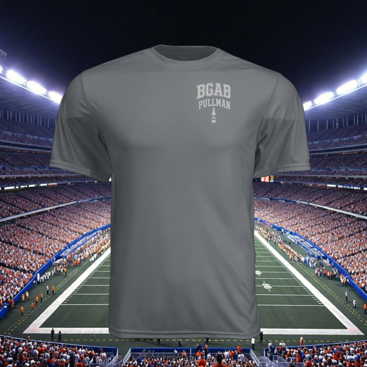 Better Grab A Beer grey moisture-wicking performance crew neck t-shirt with BGAB Pullman logo against stadium backdrop