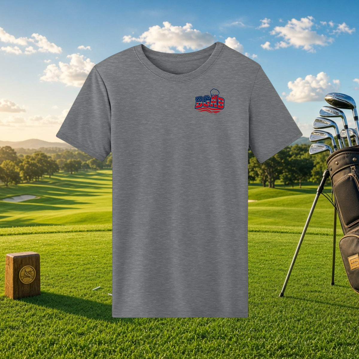 Better Grab A Beer grey performance t-shirt with BGAB logo, featuring moisture-wicking fabric on a golf course background.