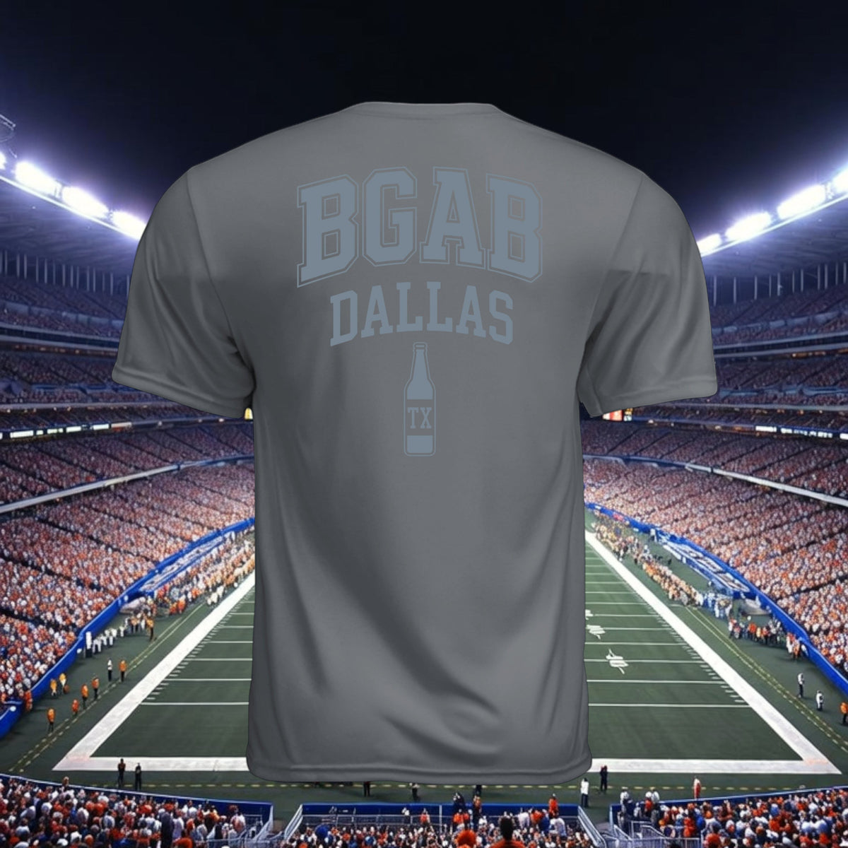 Better Grab A Beer grey performance t-shirt with BGAB Dallas logo on back, set against a stadium background.