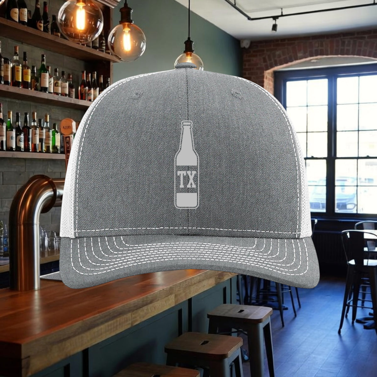 Better Grab A Beer grey and white six-panel trucker hat with a TX bottle graphic and adjustable snapback closure