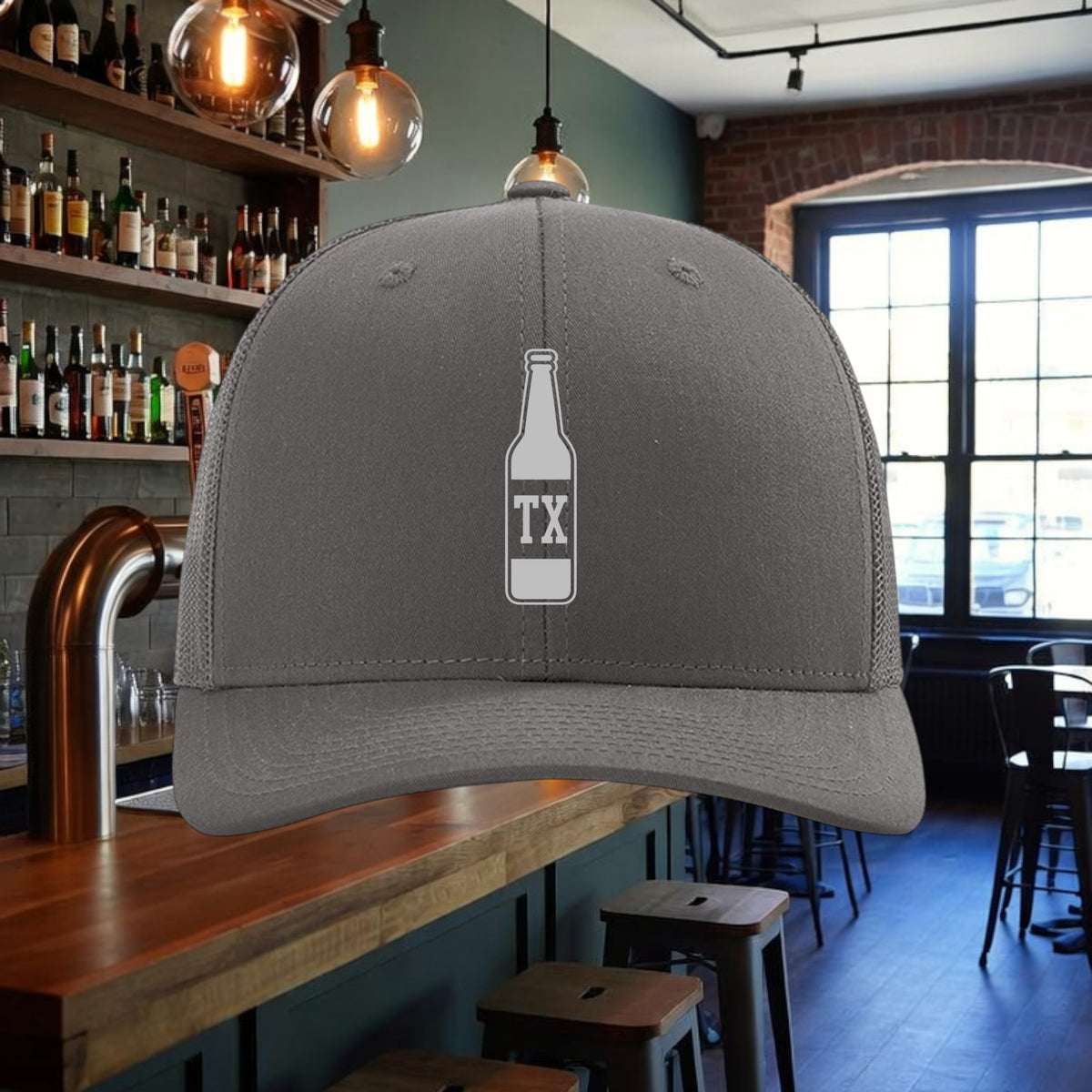 Better Grab A Beer grey six-panel trucker hat with a white TX bottle graphic, featuring a mesh back and snapback.