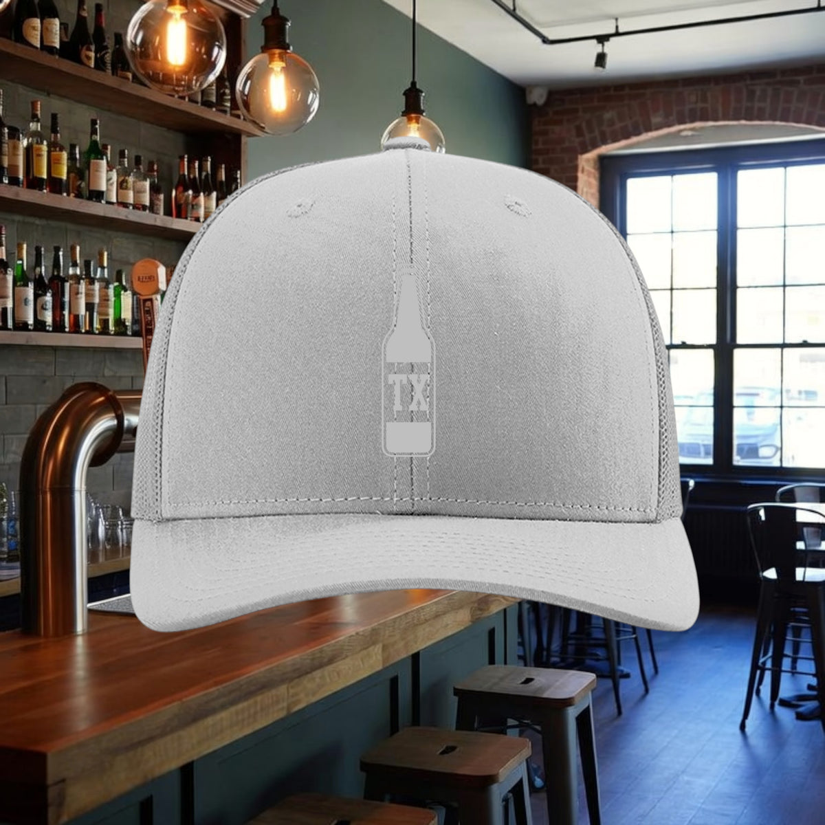 Better Grab A Beer grey TX Bottle trucker hat with a structured six-panel design, mesh back, and adjustable snapback.