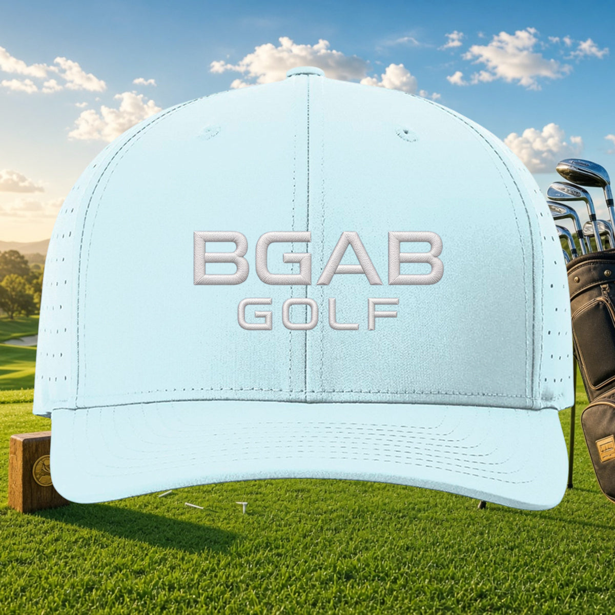Better Grab A Beer light blue BGAB GOLF performance cap with laser-cut side perforations and pre-curved bill